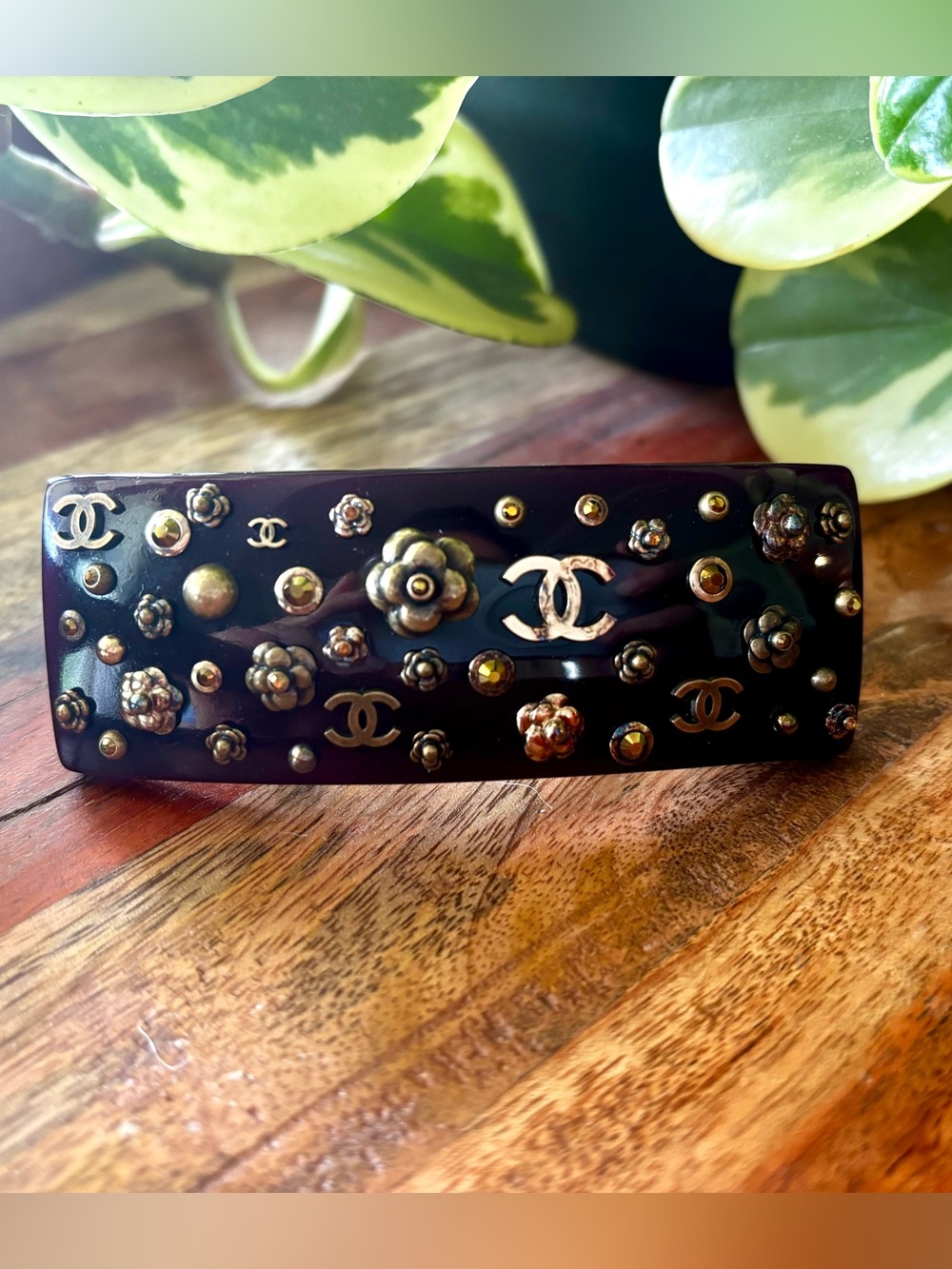 CHANEL Black Resin and Metal Camellia & CC Logo Embellished Barrette